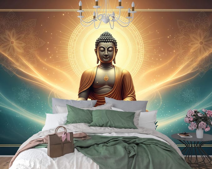 Peel and Stick Buddha Wallpaper Mural – Golden Zen Lotus, Meditation Wall Decor for Yoga Studio, Spa & Calming Sacred Space