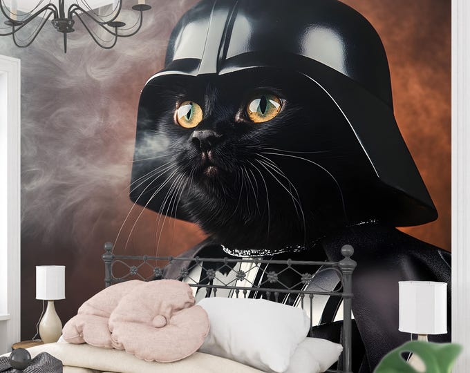 Funny Cat Darth Vader Wallpaper Mural, Quirky Black Cat Sci-Fi Wall Mural, Epic Star Galaxy Theme Peel and Stick or Traditional Wallpaper