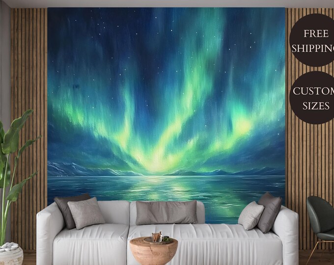 Northern Lights Aurora Borealis Peel and Stick Wallpaper Mural – Celestial Night Sky Wall Art for Living Room, Bedroom, or Office