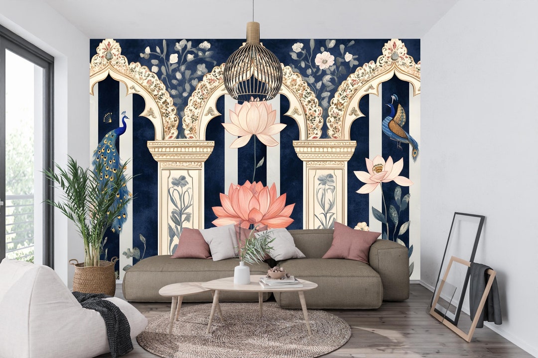 Wallpaper Indian Floral Peacock and Lotus Luxury Mural - Ornate Archway ...