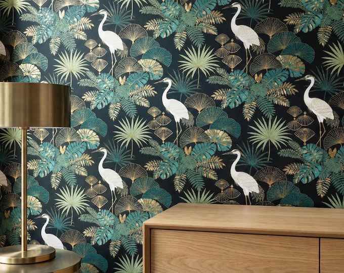 Luxury Tropical Heron Wallpaper – Jungle Bird Peel Stick Wall Mural for Bedroom Living Room