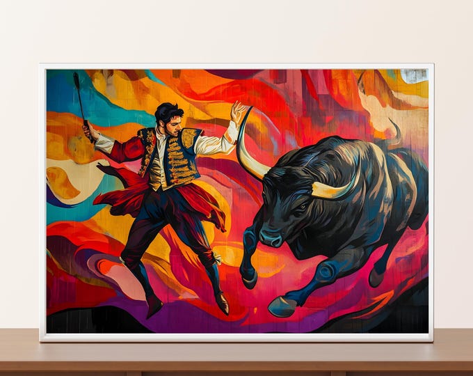 Colorful Matador and Bull Spanish Mural Poster or Canvas Print Wall Art | Bullfighting for Living Room Decor for Lovers of Spanish Culture