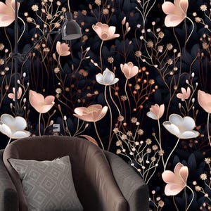 Carta da parati moderna con motivi floreali scuri e suggestivi / Carta da parati botanica nera staccabile e attaccabile o preincollata / Carta da parati glamour per camera da letto o studio