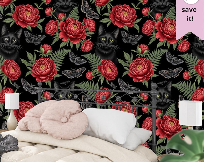Gothic Black Cat Wallpaper Mural with Red Peonies and Moths for Moody Bedroom
