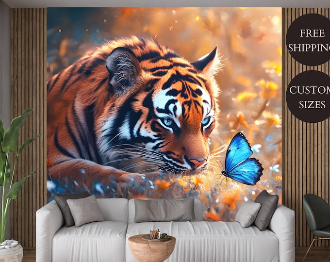 Tiger and Butterfly Peel and Stick Jungle Wallpaper Mural - Majestic Animal Wall Art, Nature Decor, Wildlife Wall Mural for Living Room