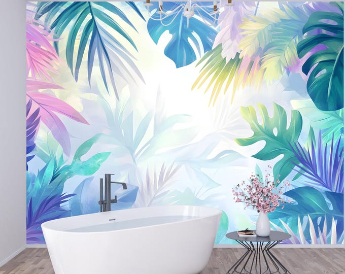 Tropical Pastel Monstera Leaves Wallpaper Mural - Peel and Stick Wall Art for Bedrooms or Offices, Modern Home Decor