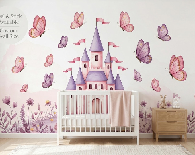 Princess Castle Butterfly Peel and Stick Mural, Watercolor Pink Lavender Girls Wallpaper