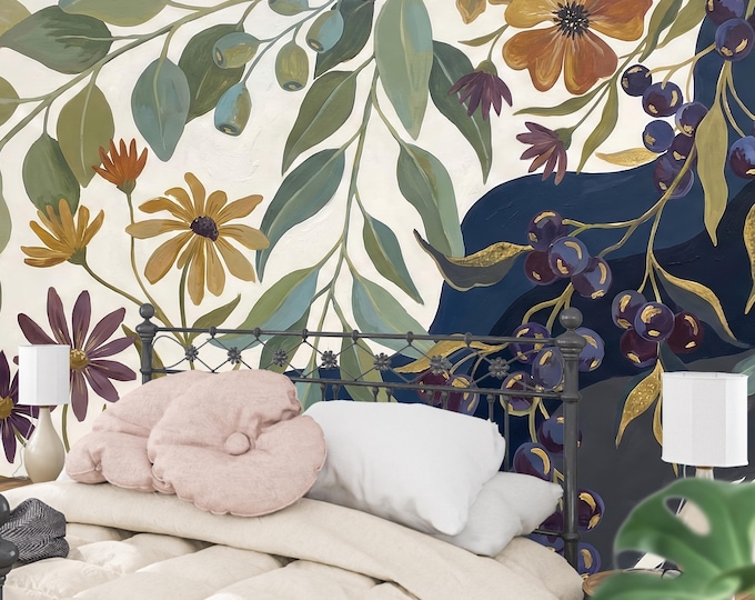 Modern Botanical Wallpaper, Boho Floral & Eucalyptus Wall Mural, Dark Blue Accent Wall
