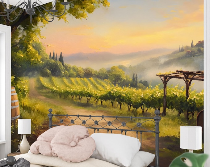 Vintage Italian Farmhouse Tuscan Vineyard Wallpaper Mural, Rustic Wine Country Landscape Peel and Stick or Traditional Wallpaper