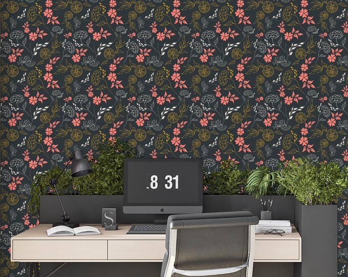 Modern Floral Line Art Wallpaper – Dark Peel and Stick or Paste Wall Mural | Colorful Boho Wall Decor for Living Room, Studio, Office