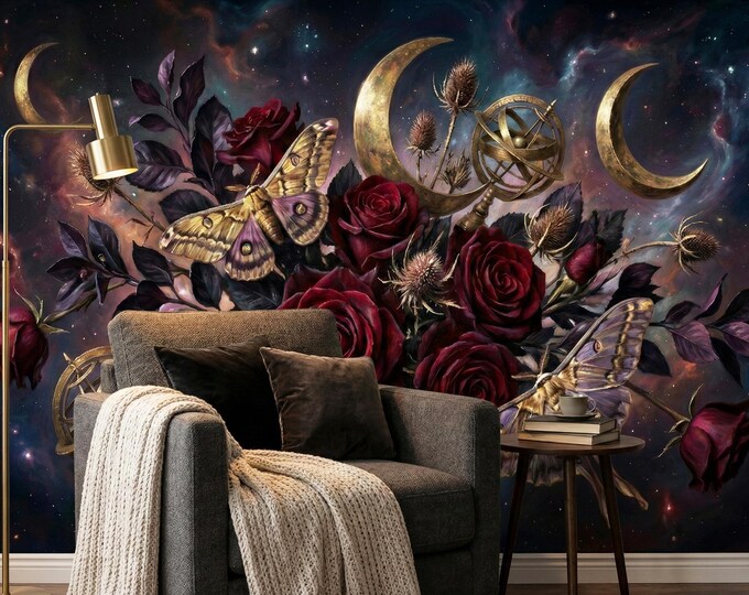 Celestial Gothic Floral Wallpaper Mural – Dark Moon Roses Peel and Stick