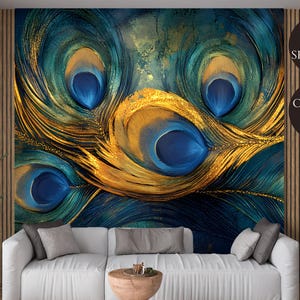 Peacock Feather Wallpaper Mural: Blue & Gold Wall Art, Peel and Stick