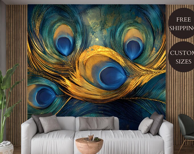Peacock Feather Wallpaper Mural | Luxurious Blue & Gold Wall Art | Peel and Stick or Prepasted Options