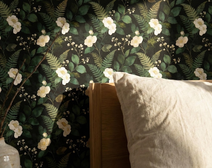 Dark Floral Wallpaper with Cream Flowers and Green Ferns Botanical Wall Decal