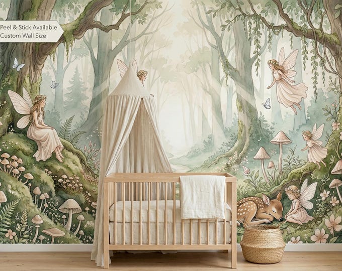 Fairy Forest Peel and Stick Mural, Watercolor Enchanted Woodland Nursery Wallpaper