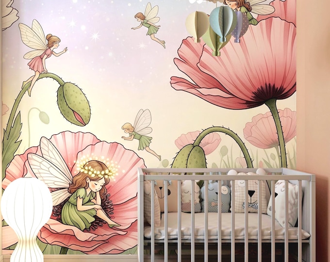Fairy Tale Garden Wallpaper Mural | Magical Poppy Flower Wall Art for Kids Room | Peel and Stick Nursery Decor | Whimsical Nature Wall Mural