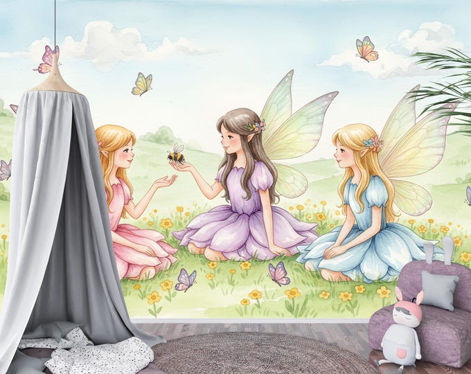 Whimsical Fairy Wallpaper, Magical Girls Room Mural, Pastel Meadow Peel and Stick Decal