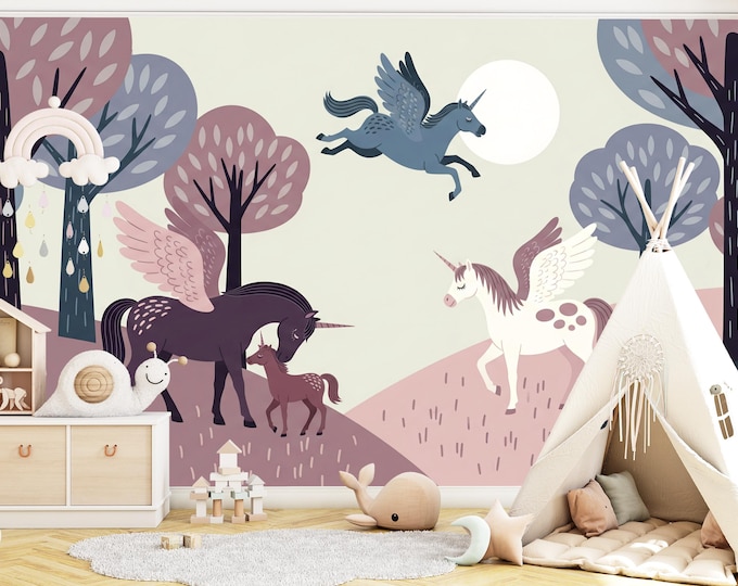 Modern Pegasus Nursery Wallpaper, Neutral Unicorn Wall Mural, Scandinavian Woodland Animals Decor for Nursery, Calming Purple Kids Room Art