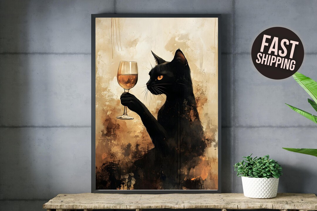 Funny Black Cat Wine Art Print: Whimsical Cat Lover Gift - Etsy