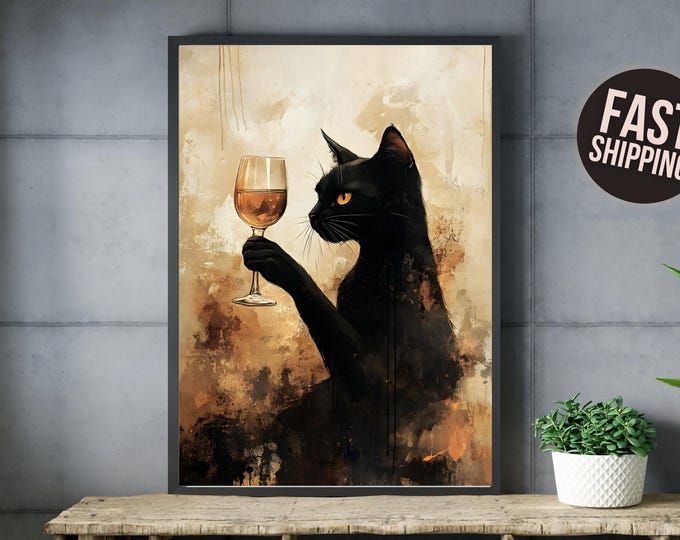 Funny Black Cat Canvas Wall Art - Whimsical Cat Print Poster for Cat Lovers, Perfect Christmas Gift and Home Decor