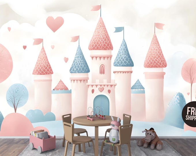Whimsical Fairytale Princess Castle Wallpaper Mural – Soft Pastel Pink and Blue Wall Mural for Kids Room & Nursery Peel and Stick Wallpaper