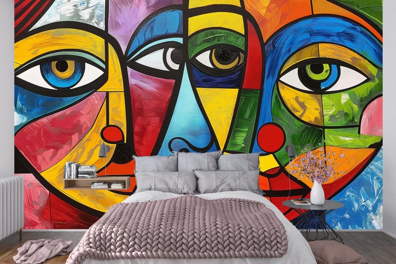 Picasso-inspired abstract faces on peel and stick wallpaper, offering a colorful and artistic update to your home decor.