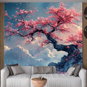 Sakura Dreams: carta da parati giapponese Ukiyoe staccabile e attaccabile - Carta da parati con albero di ciliegio rosa sognante per camera da letto, soggiorno e ufficio