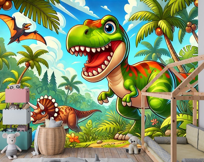 Playful TRex Jungle Adventure Peel and Stick Canvas Wallpaper - Vibrant and Colorful Dinosaur Illustration for Kids' Rooms