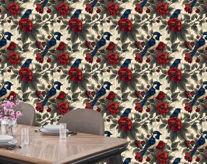 Vintage Bird and Floral Wallpaper – Cottagecore Bluebird Wall Mural, Botanical Peel and Stick or Traditional, Elegant Nature Inspired Decor