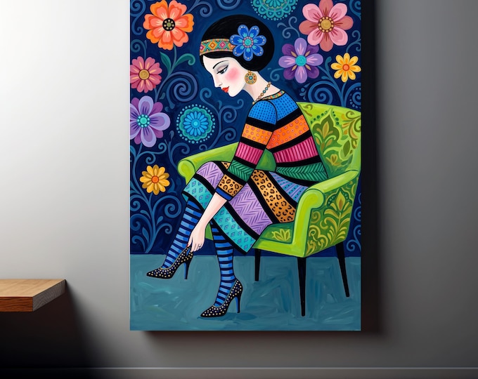 Bohemian Woman Portrait Print, Colorful Floral Navy Art (Poster or Canvas)