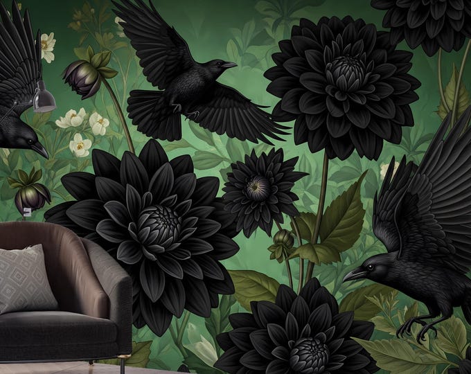 Moody Green Gothic Floral Wallpaper: Removable Peel and Stick Mural with Crows and Dahlias
