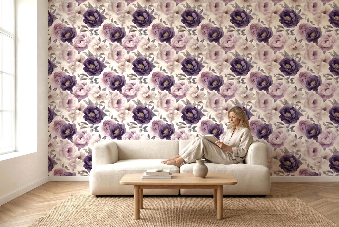 Romantic Purple Floral Wallpaper Mural With Watercolor Peonies for ...