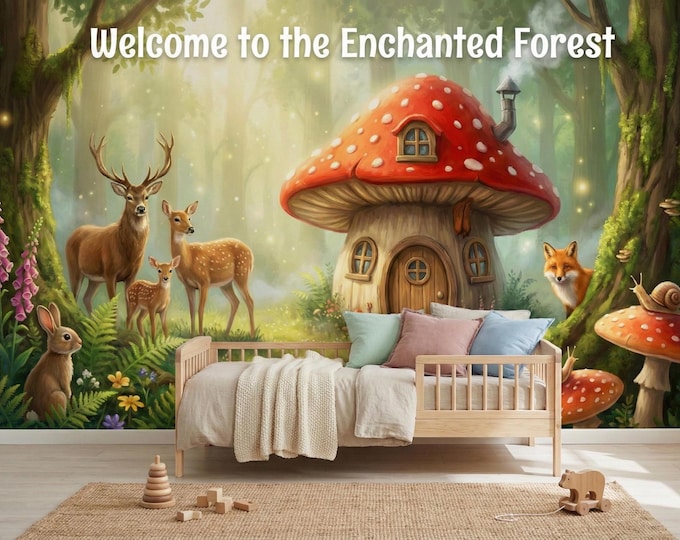 Fairycore Nursery Wallpaper Mushroom House Mural Woodland Animals Peel and Stick