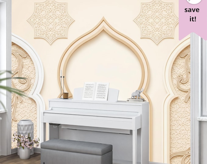 Moroccan Arch Wallpaper Mural: 3D Islamic Window Peel and Stick Wallcovering