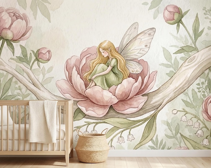 Flower Fairy Peony Watercolor Wallpaper Mural, Botanical Nursery Peel and Stick