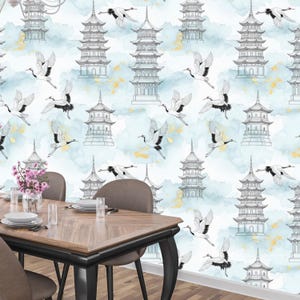Japanese Crane Wallpaper Mural: Oriental Chinoiserie Zen Decor