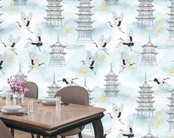 Japanese Crane Wallpaper Mural: Oriental Chinoiserie Zen Decor