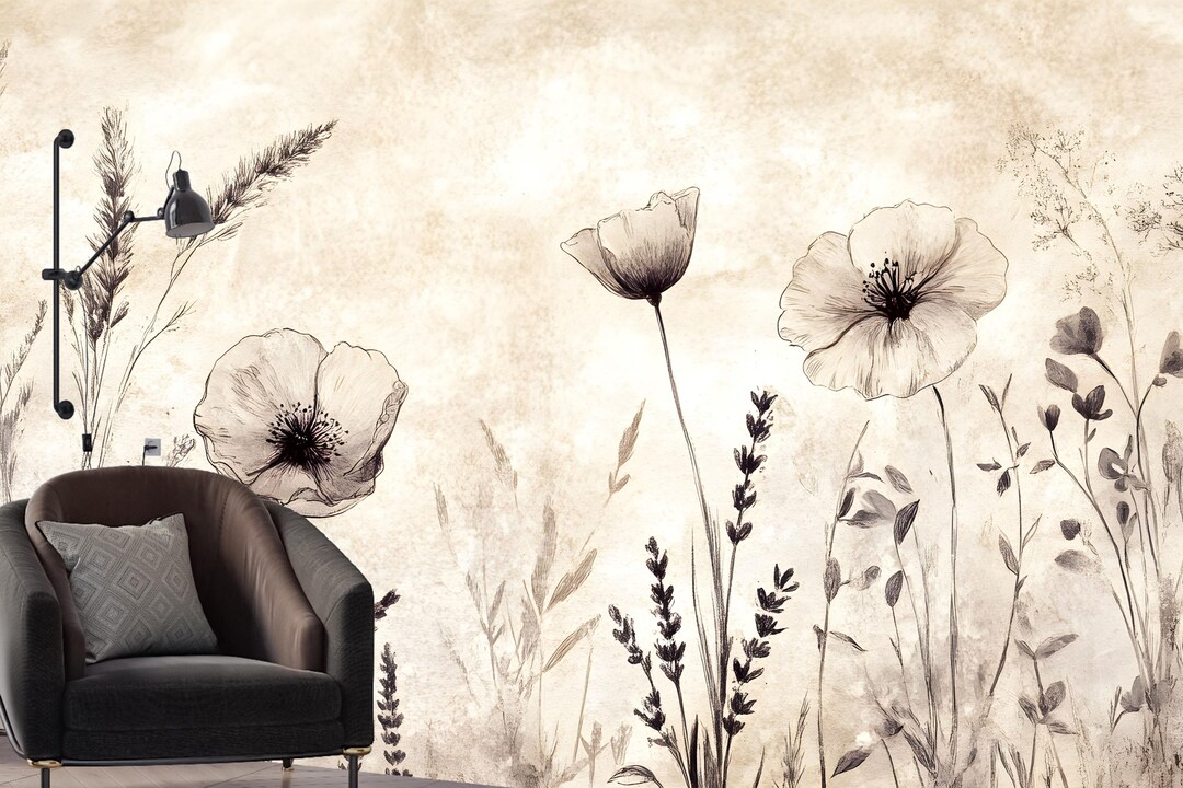 Vintage Botanical Wildflower Mural: Rustic Cottagecore Wallpaper - Etsy