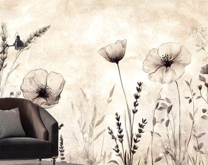 Vintage Botanical Wallpaper – Neutral Wildflower Wall Mural – Floral Grass Wall Decor, Rustic Nature Wallpaper Peel and Stick or Traditional
