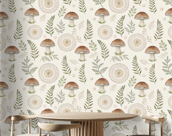 Mushroom Botanical Wallpaper Mural: Vintage Forest Ferns, Boho Nature Decor