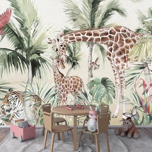 Jungle Safari Wildlife Wallpaper for children with animals Peel and Stick Wallpaper, Animals Wall Mural, Jungle Removable Wallpaper