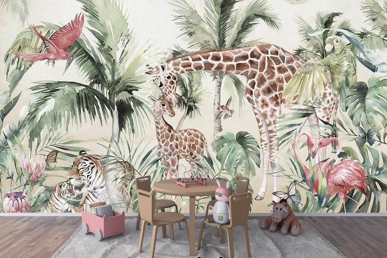 Jungle Safari Wildlife Wallpaper for children with animals Peel and Stick Wallpaper, Animals Wall Mural, Jungle Removable Wallpaper