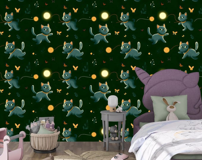 Cute Cat Wallpaper – Dark Green Nursery Decor, Peel & Stick Removable Fabric Wall Mural, Playful Cat Butterfly Design, Eco-Friendly