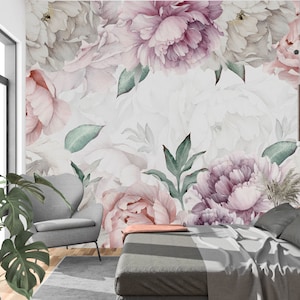 Large Pink White Peony Peel and Stick Wallpaper Mural - Easy Install Self-Adhesive Floral Wallpaper and Flower Wall Decor