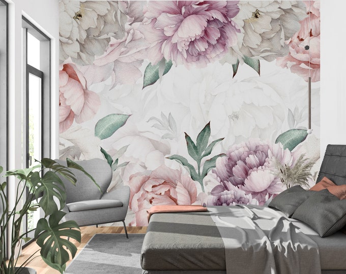 Large Pink White Peony Peel and Stick Wallpaper Mural - Easy Install Self-Adhesive Floral Wallpaper and Flower Wall Decor