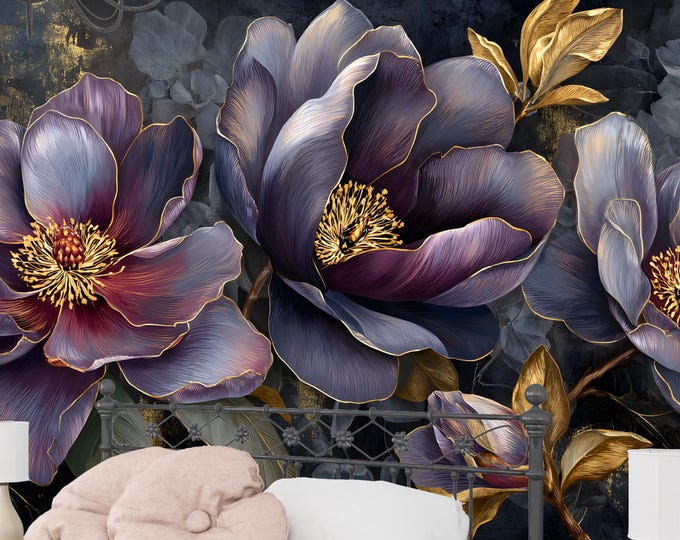 Luxury Dark Floral Wallpaper Mural,Purple Gold Peony Bloom Design,Peel and Stick or Prepasted Wall Art for Elegant Interiors