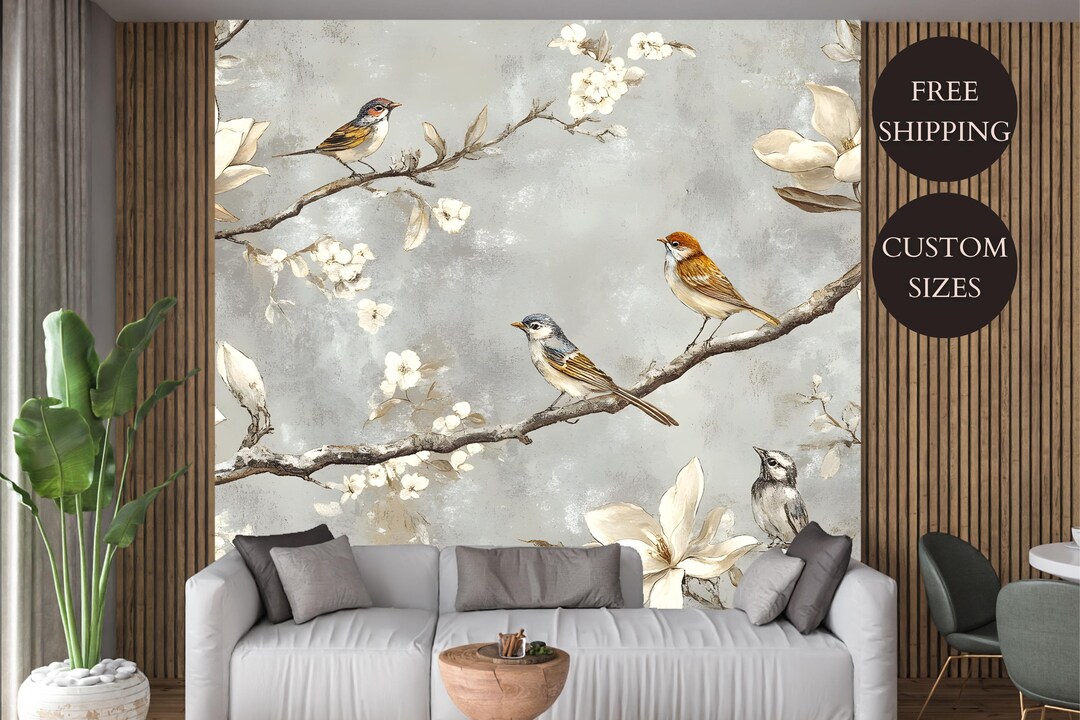 Vintage Floral Bird Wallpaper Mural: Elegant Peel and Stick Wall Decor ...