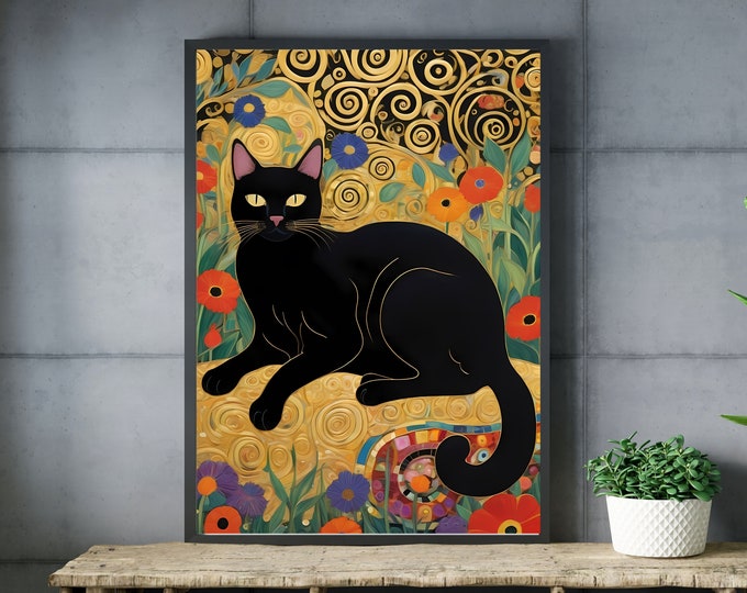 Gustav Klimt Black Cat Boho Colorful Canvas or Poster Wall Art Print