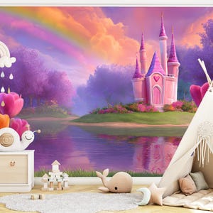 Carta da parati murale per cameretta dei bambini con castello da favola - Castello della principessa rosa, giardino di tulipani, cielo arcobaleno, stacca e attacca, camera da letto magica per bambine