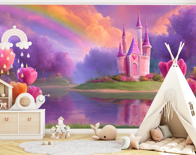 Fairy Tale Castle Nursery Wallpaper Mural – Pink Princess Castle, Tulip Garden Rainbow Sky, Peel & Stick, Magical Storybook Girls Bedroom